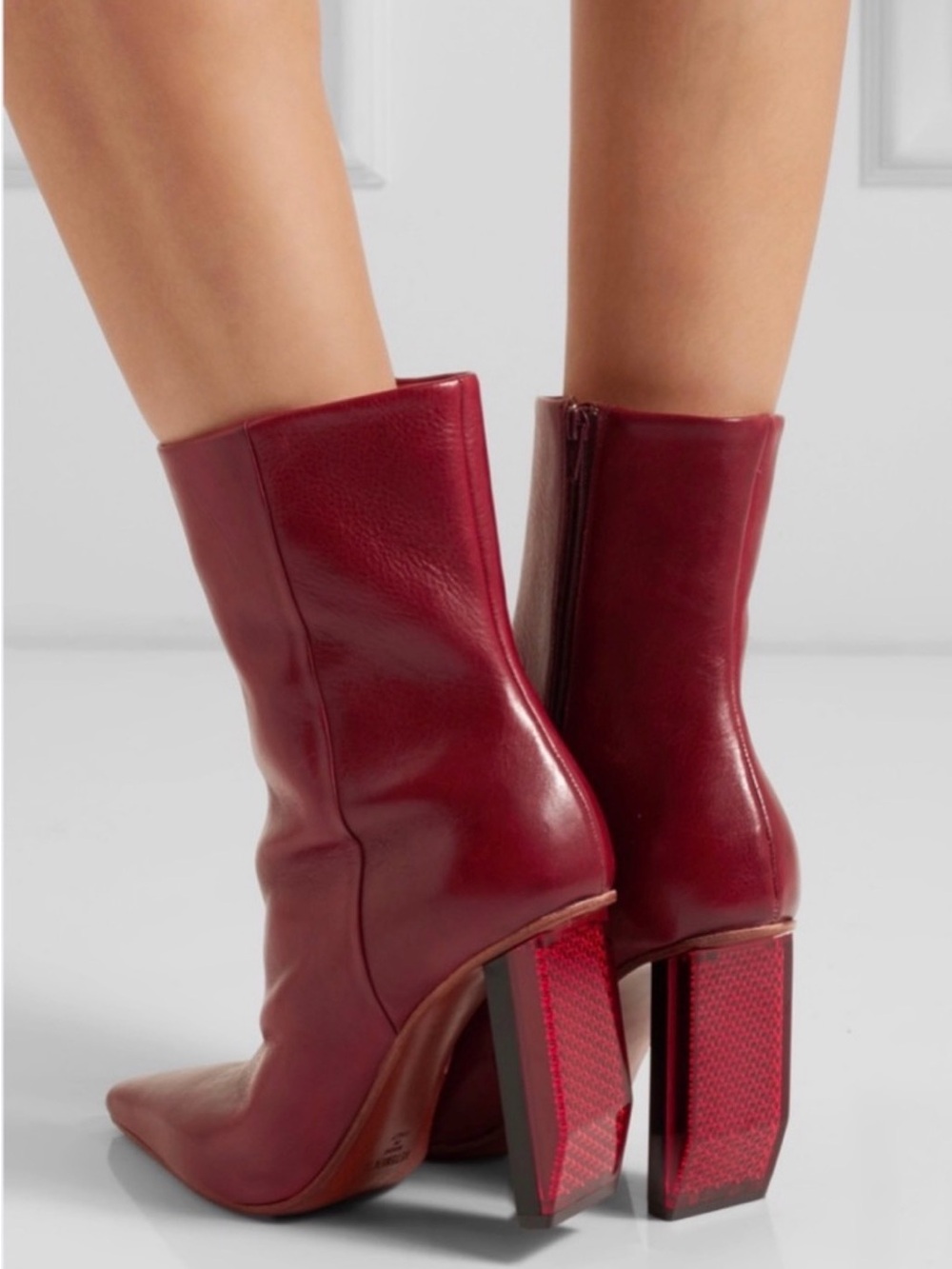 VETEMENTS Bordeaux Burgundy Red Leather Square Toe Ankle Boots Reflector Heels